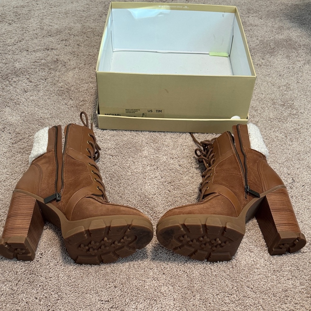 MICHAEL Michael Kors Brown Lace-Up Shearling-Trim Heeled Combat Boots